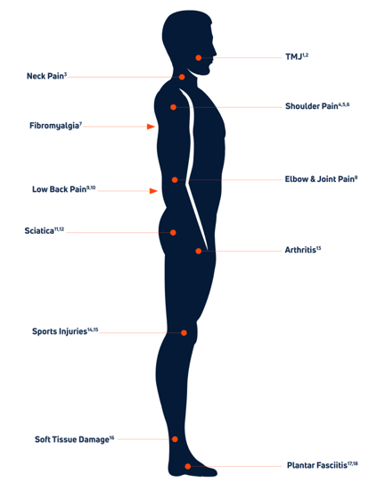 Conditions treated with LightForce laser therapy — body diagram
